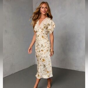 Charla Printed Lace Trim Satin Midi Dress | Size S